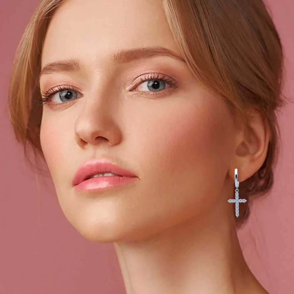 Certified 2mm Moissanite Diamond Cross Huggie Hoop Earrings NEW - Picture 2 of 10